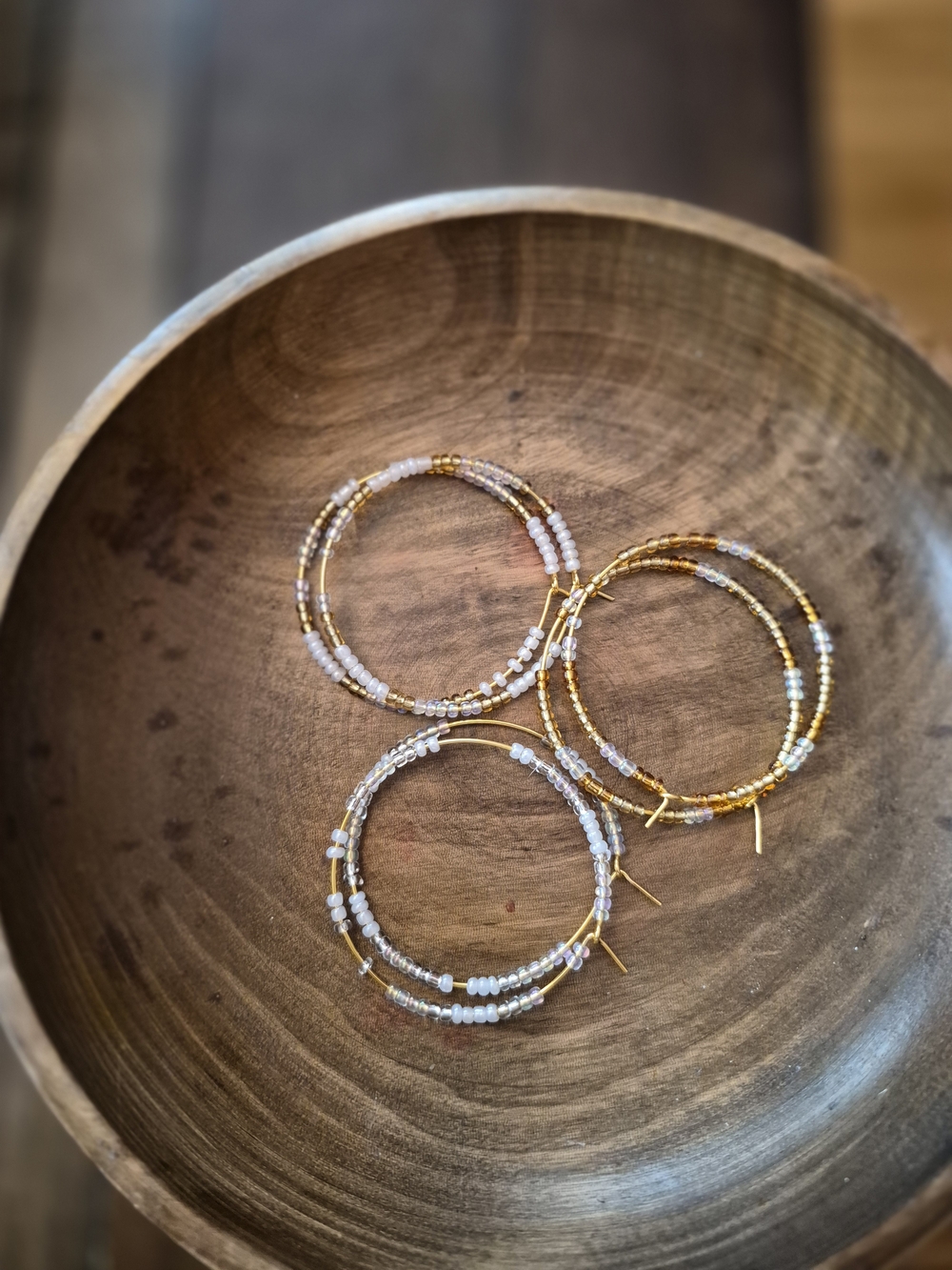 Gold & White Hand Beaded Hoop Earrings - 3 Pairs